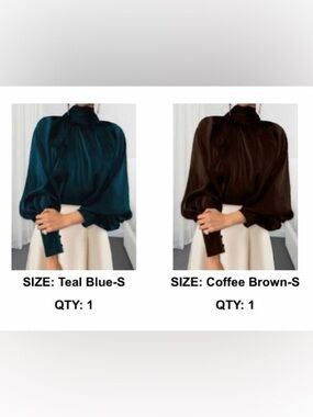 Two (2) SHEIN Coffee Brown & Teal Blue High-Neck Satin Blouses, NWT 4(S)